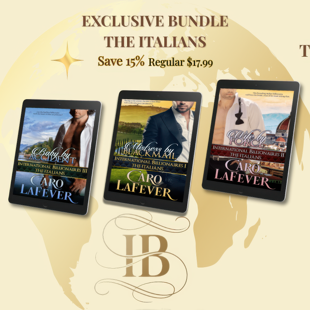 Italian trilogy, Billionaire contemporary romance, three ebooks on top of golden world map with IB logo